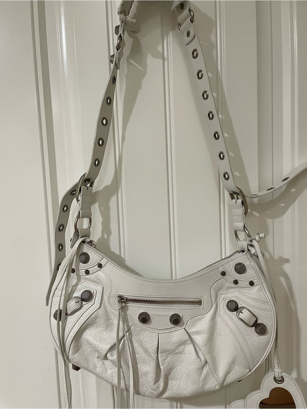 White Leather Shoulder Bag with Stud Detail